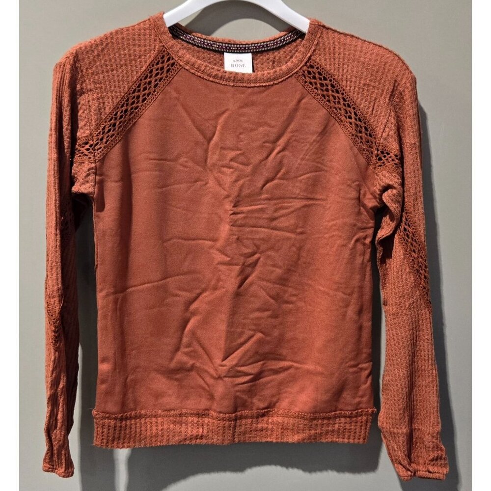 Knox Rose Lace Cutout Thermal & Waffle Knit Cave Brown LS Top - Picture 2 of 8